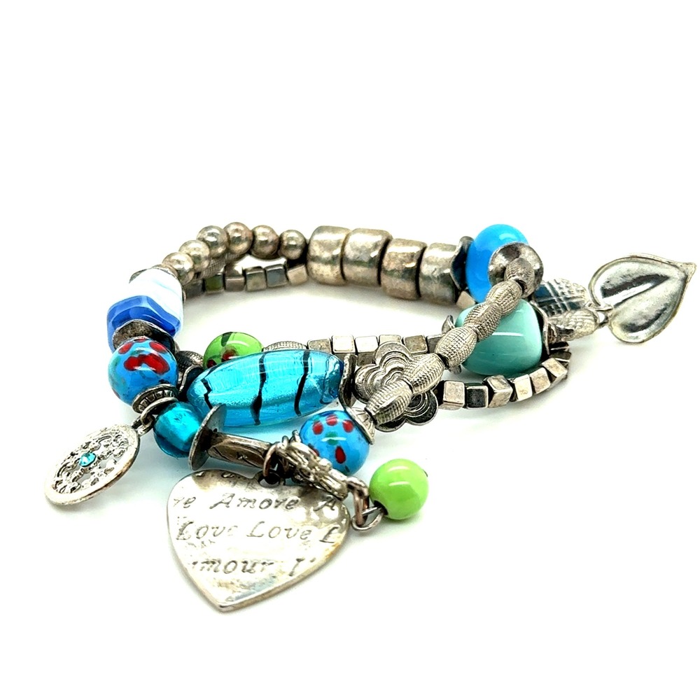 Boho Multi Strand Stretch Bracelet Blue Green Glass Lampwork Beads  (E5)‎
